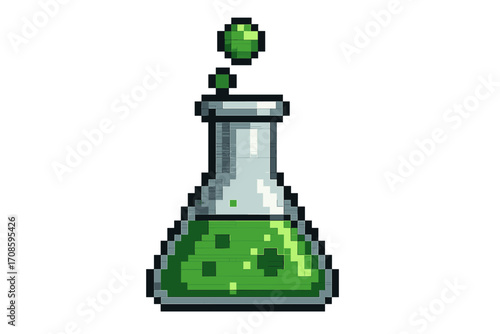 Pixel art magic potion bottle for video games. 8-bit green elixir bubbling in a chemical flask. Retro game asset or icon. Science lab, alchemy, or poison concept. Vector.