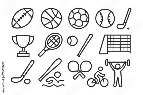 Big set of sport icons in thin line style. Vector symbols collection. Football, basketball, soccer, baseball, tennis, golf, swimming, cycling, weightlifting pictograms.