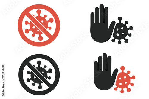 Stop virus infection icon set. Hand gesture pushing away germs. Prohibition sign against bacteria. Disease prevention, hygiene, health safety, and pandemic alert concept. Flat vector.
