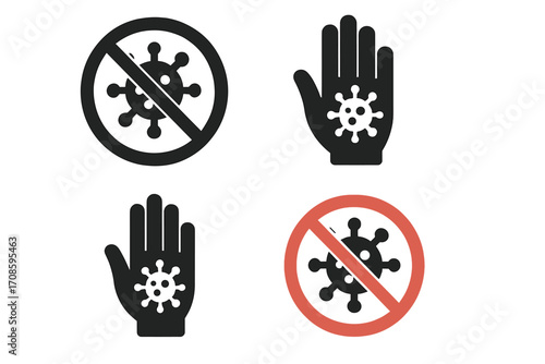 Stop infection icon set. No virus sign. Antibacterial and antimicrobial symbol. Dirty hand icon. Stop coronavirus disease symbol. Prohibition sign for bacteria and germs.