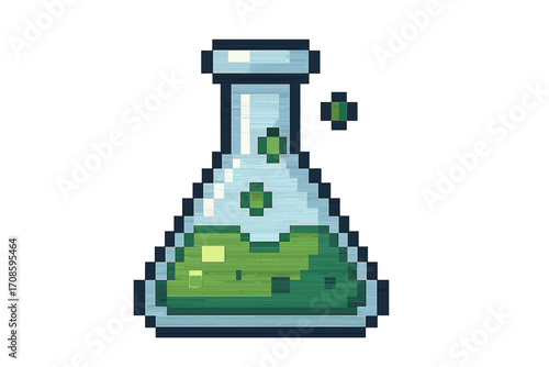 Pixel art chemical flask icon. 8-bit science laboratory glassware with green bubbling liquid. Vector illustration for chemistry experiment, research, or magic potion game asset.