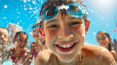 A young boy wearing goggles smiles widely while water splashes around him. In the background, several children are joyfully playing in a pool on a sunny summer day
