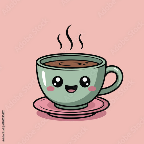 Vector art of adorable coffee cup cartoon character with steam rising, sitting on a saucer, smiling with big eyes, perfect for a cafe logo or a cute sticker design on a light pink background