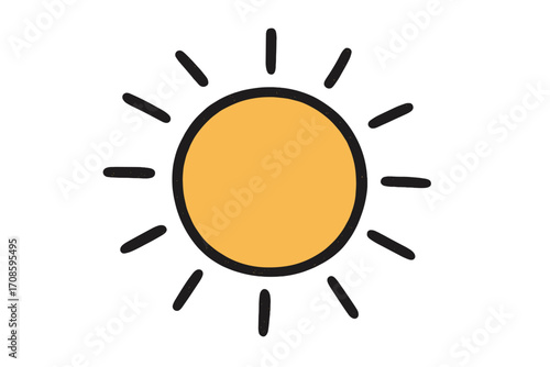 Sun icon in cute doodle style. Hand-drawn summer sunshine symbol for weather forecast. Simple cartoon vector illustration for kids. Textured sunbeam sketch drawing.