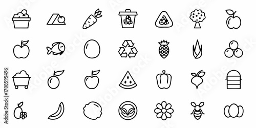 Collection of fresh food icons, perfect for healthy eating, eco-friendly concepts, and sustainable living projects, conveying natural goodness