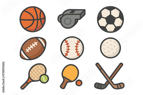 Sports icon set collection. Vector sport equipment in flat cartoon style. Basketball, soccer, football, baseball, golf, tennis, table tennis and hockey icons. Isolated on white.