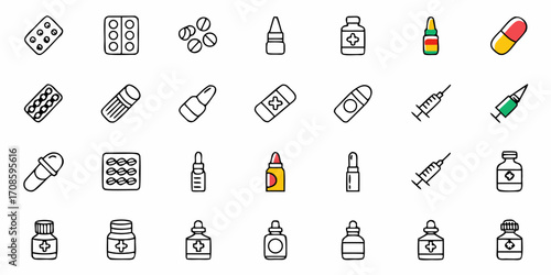 Essential medicine icons, representing health, wellness, and pharmaceutical concepts, perfect for medical professionals and healthcare branding
