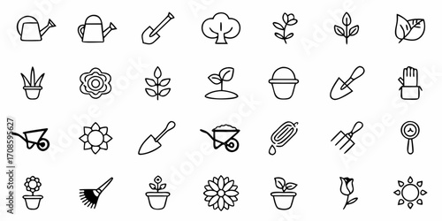 Charming garden icons with tools, plants, and flowers ready for design, perfect for gardening, landscaping, and springtime projects with delightful details.