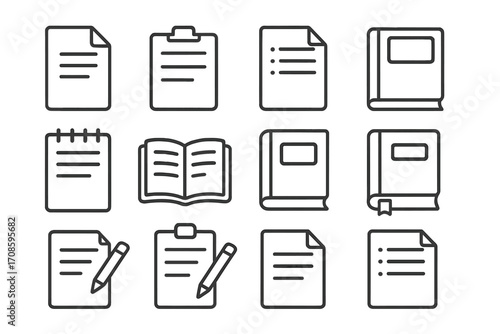 Document and book line icon set. Vector icons for web and apps. Includes clipboard, list, report, notebook, and file symbols. Editable stroke for UI design and education.