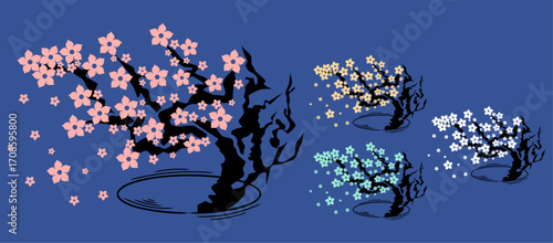 vector set of various cherry blossom bonsai trees, each with a different soft, pastel color,pink, white, green, and yellow. The design features a stylized, swirling effect,dynamic and elegant feel.
