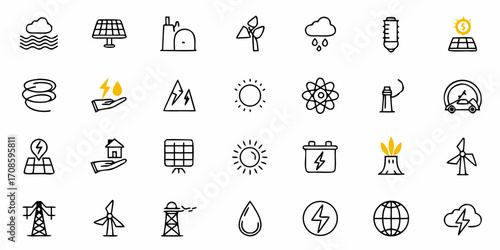 Sustainable energy icons showcasing eco-friendly resources like solar, wind, hydro, and geothermal power for a clean future