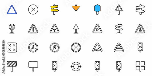 Collection of hand-drawn road signs and traffic symbols, perfect for navigation, warnings, and safety illustrations in urban environments.