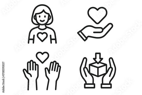 Volunteer and charity icon set. Linear vector icons for donation, community support, and social work. Symbols of love, giving, help, and humanitarian aid for graphics.