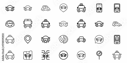 Hand-drawn transportation icons for modern apps, websites, and design projects, featuring cars, taxis, GPS, and navigation elements