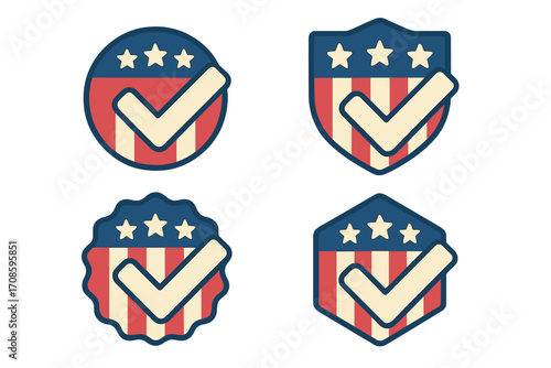 Set of patriotic vote badges with American flag design. USA election symbol collection with check mark. Political choice icons for voting day. Flat vector illustration seal.