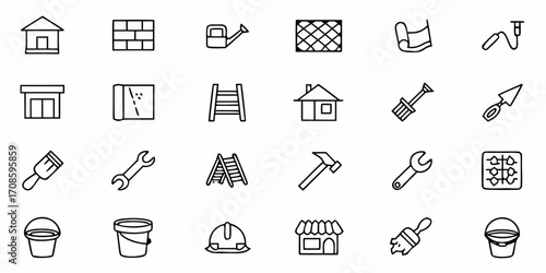 Construction tools and building icons for home renovation, DIY projects, and architecture design, ready for commercial use and web design