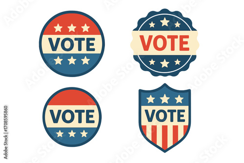 Vote badges set. Retro patriotic election stickers. USA political campaign emblems with stars and stripes. American presidential voting icon collection. Flat vector illustration.
