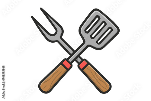 BBQ and grill concept with crossed spatula and fork. Barbecue party icon. Cartoon vector illustration of cooking utensils for summer cookout. Kitchen tools for meat and food.
