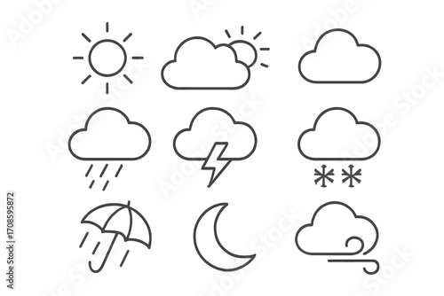 Weather icons set. Line art collection for meteorology forecast. Symbols for sun, cloud, rain, storm, snow, wind, and moon. Vector pictograms for app and web design.