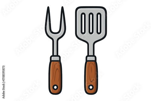 Grill tools icon set. BBQ utensils with spatula and fork. Barbecue cooking equipment for picnic and outdoor party. Vector cartoon illustration isolated on white background.
