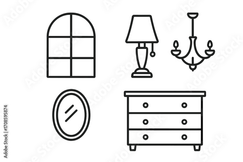 Furniture and home decor line icon set. Window, lamp, mirror, dresser, chandelier icons for UI design. Editable stroke vector illustration for web, apps, books, and cards.