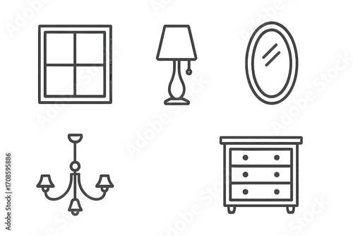 Furniture and home decor line icon set. Window, lamp, mirror, dresser, chandelier symbols. Simple outline vector illustration for web and apps. Editable stroke design elements.