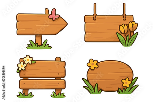 Cartoon wooden signboard collection. Spring nature vector icon set with rustic wood signs, flowers, and butterfly. Blank empty signpost banners for game UI or web design.