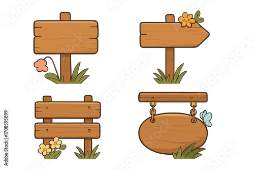 Cartoon wooden signboard icon set. Spring style vector illustration. Rustic blank wood signs, pointers, and hanging plaques with flowers and grass for text, message, or direction.