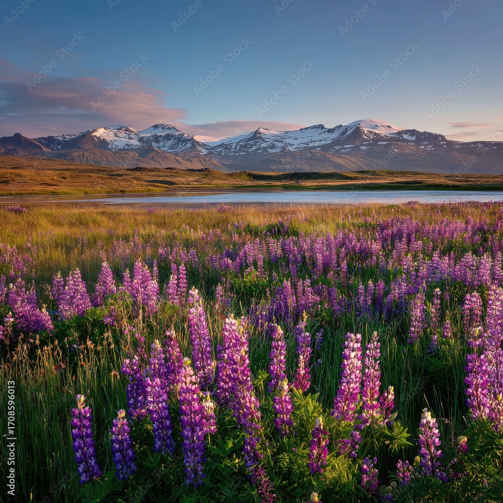 Obraz premium Icelandic lupine field at dawn. Snow-capped mountains reflect in a tranquil lake