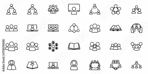 Collection of modern business and education icons perfect for presentations, meetings, online learning, and teamwork concepts, ideal for various digital and print projects