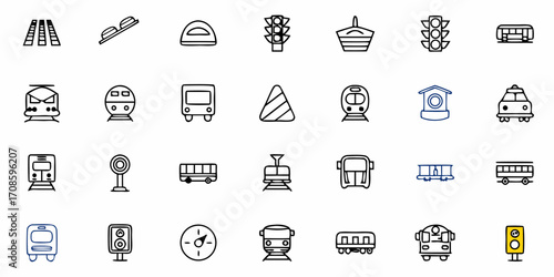 Transportation Icons: Diverse set of stylized illustrations of trains, buses, traffic lights and related elements for design projects