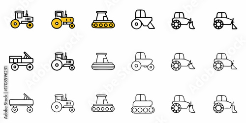 Collection of diverse tractor illustrations, perfect for agricultural projects, construction designs, or educational materials, showcasing various farming vehicles.