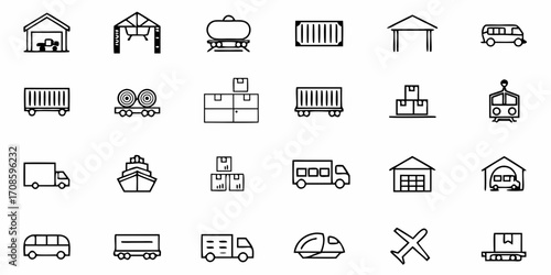Collection of transportation and logistics icons depicting various modes of shipping, delivery, and travel for efficient commercial use