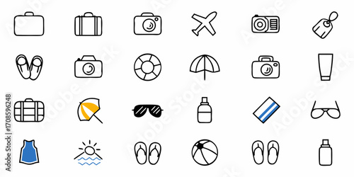 Summer travel essentials and beach vacation icons for holiday concepts, luggage, camera, sun protection, flip flops, swimming, sun umbrella