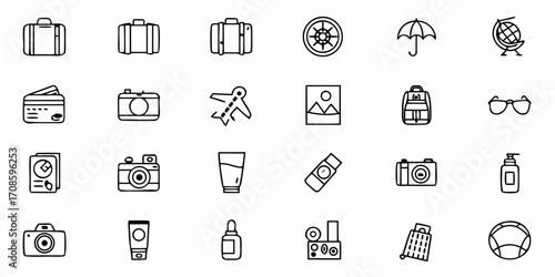 Travel essentials and vacation icons for a seamless trip planning, including luggage, camera, passport, and other travel accessories