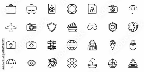 Hand-drawn travel and vacation icons perfectly capture wanderlust, ideal for travel blogs, websites, brochures, and social media posts that inspire adventure