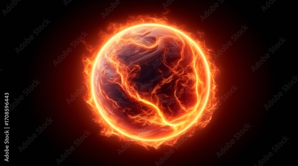 Fototapeta premium A planet surrounded by intense flames and electric currents floats in the dark void of space. The glowing energy creates a striking contrast against the deep black backdrop