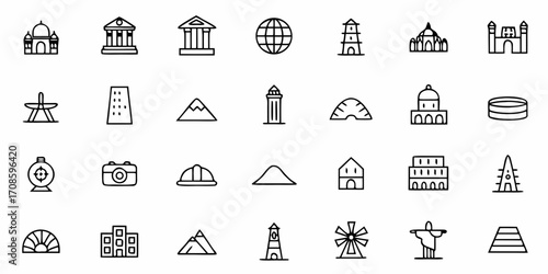 Minimalist architectural icons showcasing global landmarks, including famous buildings, monuments, and travel destinations, perfect for design projects.