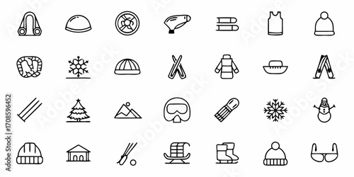 Winter sports and activities icons, perfect for travel, adventure, ski resort, and holiday season designs, creating a fun and festive visual experience