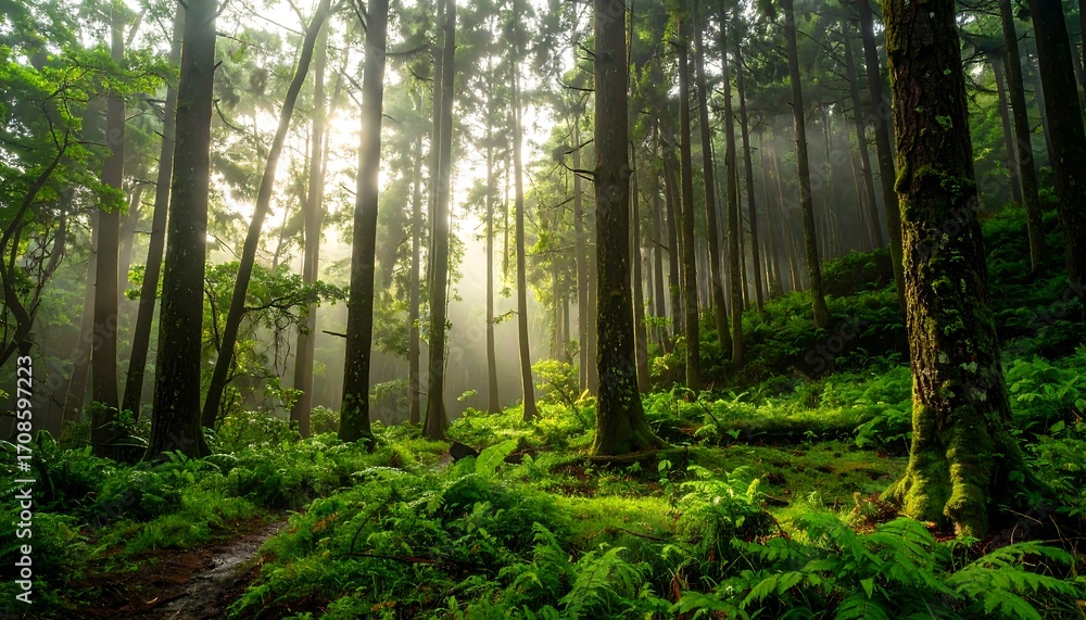 Naklejka premium Lush forest bathed in sunlight