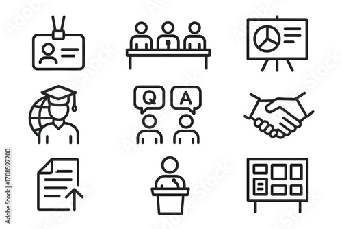 Anthropology Conference Icons. Line style icons of anthropology conferences: name badge, academic panel, presentation board,