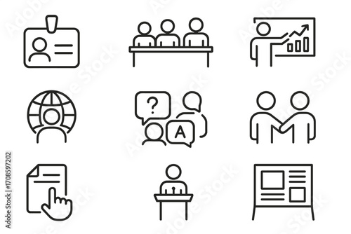 Anthropology Conference Icons. Line style icons of anthropology conferences: name badge, academic panel, presentation board,