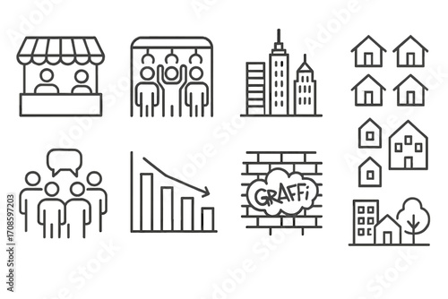 Urban Anthropology Icons. Line style icons of urban anthropology: street market icon, public transport crowd, city skyline,