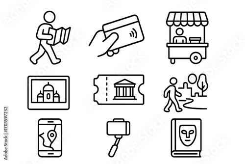 Urban Exploration Icons. Line style icons of solo city exploration: walking map icon, public transport card, local food vendor,