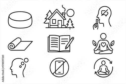 Solo Retreat Icons. Line style icons of solo retreat experiences: meditation cushion, nature cabin, silence icon, yoga mat,
