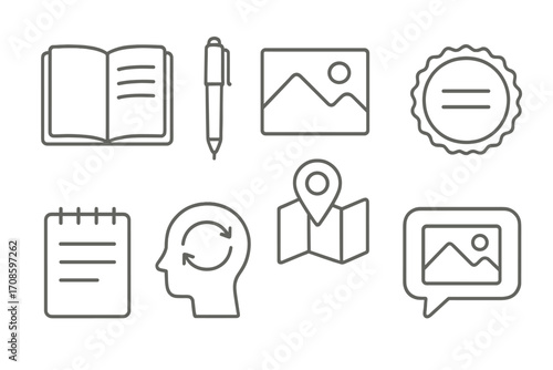 Journaling Travel Icons. Line style icons of journaling solo travel: notebook icon, sketch pen, travel memories icon, experience
