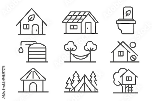 Eco-Lodging Line Icons. Line style icons of eco-lodging and stays: eco-cabin, solar panel roof, compost toilet icon, rainwater