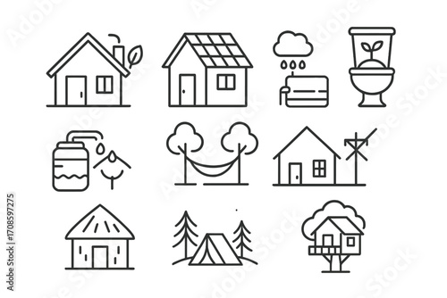 Eco-Lodging Line Icons. Line style icons of eco-lodging and stays: eco-cabin, solar panel roof, compost toilet icon, rainwater