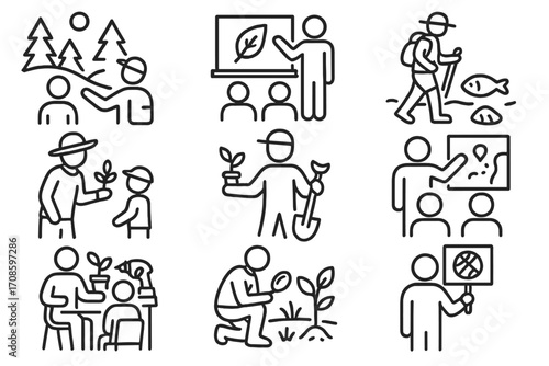 Wallpaper Mural Educational Eco Icons. Line style icons of educational eco-experiences: guided ecology tour, nature lecture, marine biology walk, Torontodigital.ca