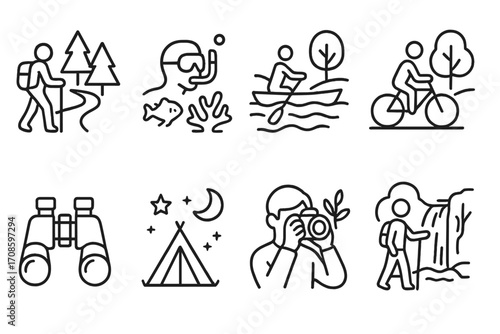 Eco Adventure Icons. Line style icons of eco-tour activities: forest hike icon, snorkeling coral, kayaking in nature, cycling